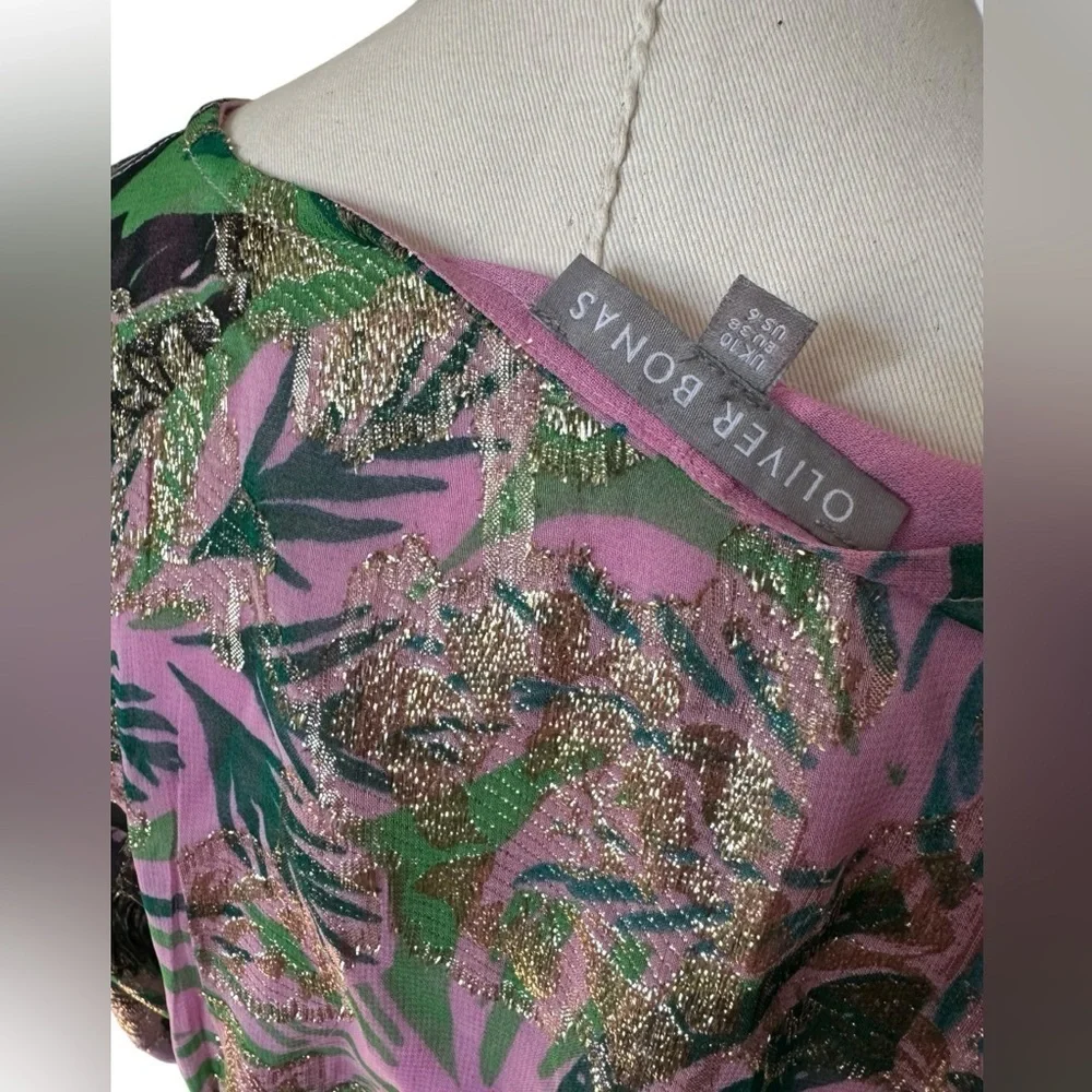 OLIVER BONAS Tropical Jacquard Metallic Blouse Sz 6 - Picture 3 of 8